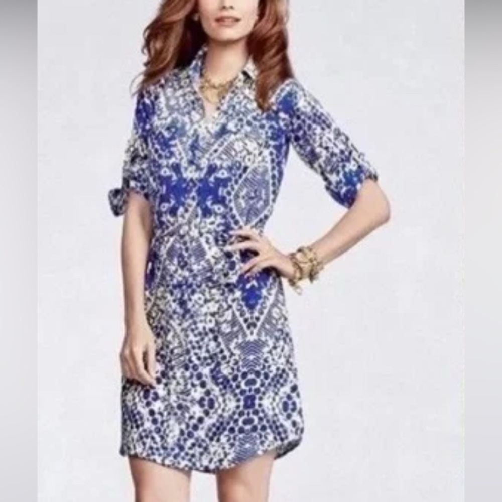 CAbi blue Jewel print button up shirt dress style # 422 roll tab sleeves…